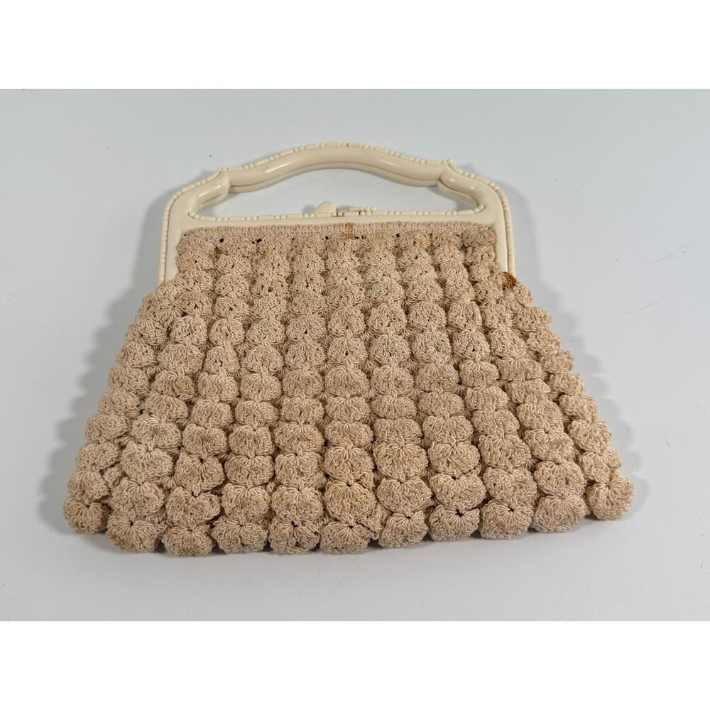 Vintage 1950s Beige Hand-Crocheted Purse Ivory Plastic Frame Matching Coin Pouch - Picture 10 of 12